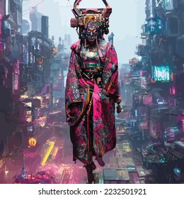 Cool Japanese Geisha Half Skull Face Cyberpunk Urban Scene Illustration