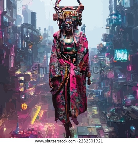 Cool Japanese Geisha Half Skull Face Cyberpunk Urban Scene Illustration