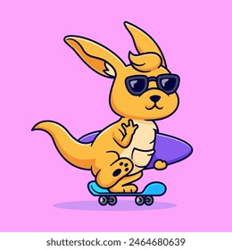 Cool Kangaroo Playing Skateboard Bring Surfing Board Cartoon Vector Icon Illustration. Animal Sport Icon Concept Isolated Premium Vector. Flat Cartoon Style