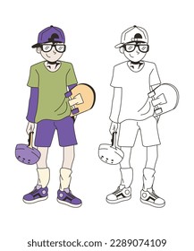 Cool Kid Cartoon Character illustration template for color and draw lesson