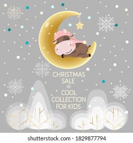 Cool kids collection Sale banner with cute baby ox in night cap sleeping on moon, 2021 bull mascot, pastel colors. Vector template for the New Year and Christmas card, poster, promo, flyer, invitation