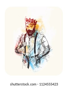 Cool king hipster hair style character design, Hand Drawn Sketch Vector illustration.