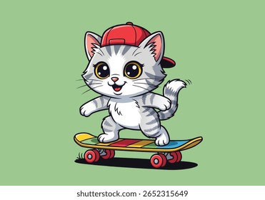 Cool Kitten Skateboarding, Adorable Grey Tabby Cat Wearing a Red Cap Riding a Colorful Skateboard. Vector Illustration