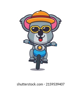 Cool koala cartoon mascot character in sunglasses ride motocycle in summer day