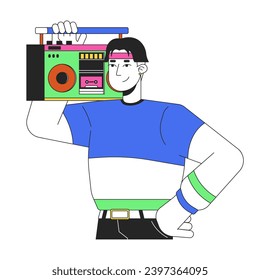 Cool korean boy holding boombox on shoulder 2D linear cartoon character. Headband young asian man isolated line vector person white background. 80s nostalgia music color flat spot illustration