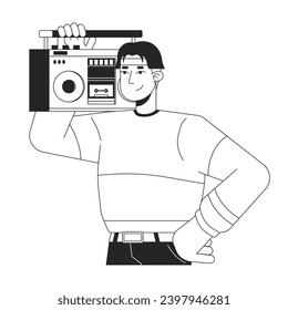 Cool korean boy holding boombox on shoulder black and white 2D line cartoon character. Headband young asian man isolated vector outline person. 80s nostalgia music monochromatic flat spot illustration