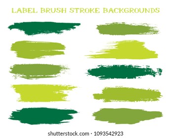 Cool label brush stroke backgrounds, paint or ink smudges vector for tags and stamps design. Painted label backgrounds patch. Vector ink traces, color combinations. Ink dabs, summer green splashes.
