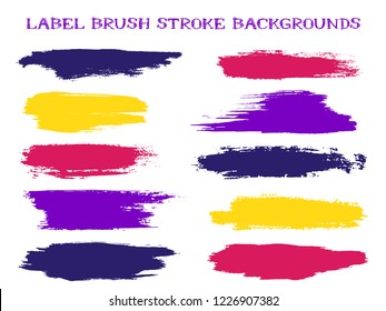 Cool label brush stroke backgrounds, paint or ink smudges vector for tags and stamps design. Painted label backgrounds patch. Interior colors scheme elements. Ink dabs, magenta violet splashes.