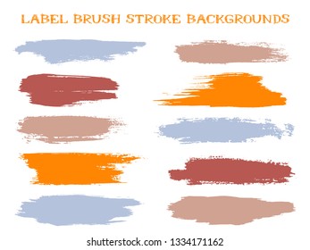 Cool label brush stroke backgrounds, paint or ink smudges vector for tags and stamps design. Painted label backgrounds patch. Interior paint color palette samples. Ink smudges, orange stains, spots.