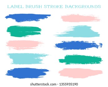 Cool label brush stroke backgrounds, paint or ink smudges vector for tags and stamps design. Painted label backgrounds patch. Vector ink traces, color combinations. Ink pink blue turquoise stains.