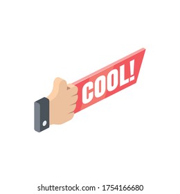Cool label hand finger up. Vektor 3d isometrisch, Farbe Web-Symbol, neue flache Stil. Kreatives Illustrationsdesign, einzelne Grafikidee für Infografiken.