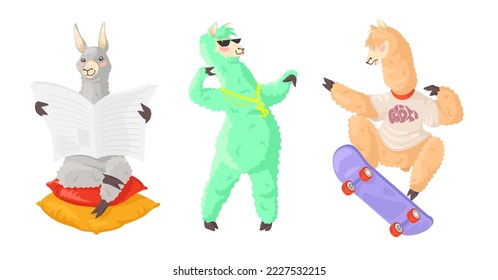 Cool lamas alpacas character flat vector. Funny hipster animal mascot set isolated on white background. Funky furry creature skateboarding, reading newspaper, rapping cartoon