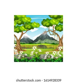 Cool Landscape Forest View With Grass Field, Trees, White Flower, And Mountain Range Cartoon