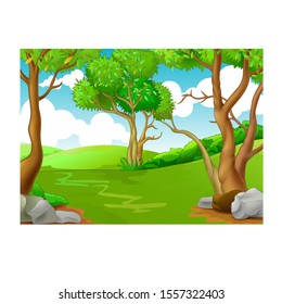 Cool Landscape View With Hill And Trees Cartoon for your design