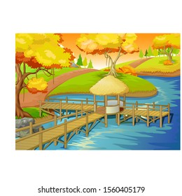 Cool Landscape View With Lake, Hill, And Trees Cartoon for your design