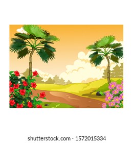 Cool Landscape View Tropical Set With Hill, Flower, And Trees Cartoon for your design