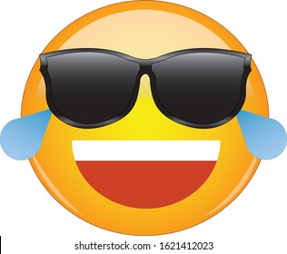 Cool laughing emoticon in shades. Awesome yellow laughing face emoji in sunglasses with a big grin, and shedding tears from laughing so hard. Expression of laughter, something funny or pleasing. 