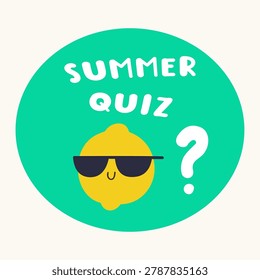 Cool lemon character with summer quiz round badge for kids educational games