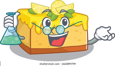 Cool lemon cheesecake Professor cartoon character with glass tube