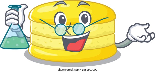 Cool lemon macaron Professor cartoon character with glass tube