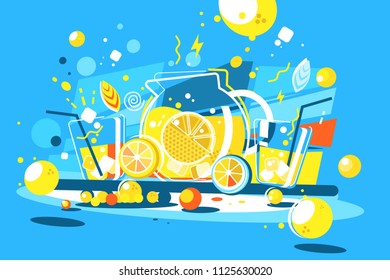 Cool lemonade in glass jug. Delicious soft drink of lemons. Vector illustration