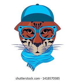 Cool leopard with hat glasses and scarf fashion accesories cartoon vector illustration graphic design