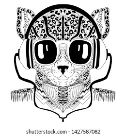 Cool leopard with headphones on his head. Black and white illustration for posters and cards. Vector illustration