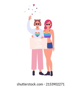 Cool Lesbian Couple Movement For Lgbt Rights. Love Tolerance And Human Equality Cartoon Vector Illustration