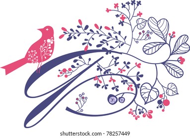 cool letter Q with bird and flowers - cool decor art- card and invitation