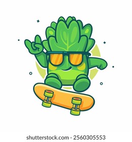 cool lettuce vegetable character mascot playing skateboard isolated cartoon