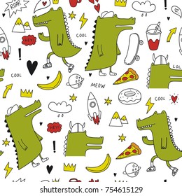 Cool life style doodle with crocodile. Pizza, heart, rocket, banana, crown, heart, smoothies, skateboard