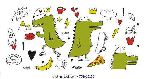 Cool life style doodle with crocodile. Pizza, heart, rocket, banana, crown, heart, smoothies, skateboard