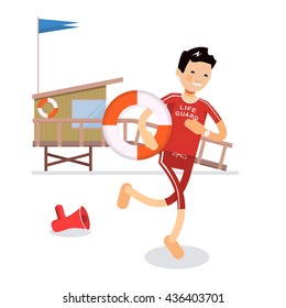Cool lifeguard to the rescue with a lifeline. He threw the speaker and runs. In the background spasatelya tower. vector illustration in a flat style