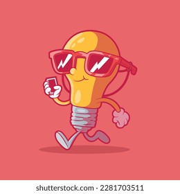 Cool Light bulb character walking vector illustration. Tech, innovation, inspiration design concept.