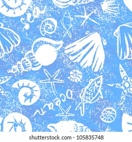 Cool and light hand painted textured marine vector seamless pattern in white and blue