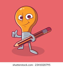 Cool lightbulb character holding a pencil vector illustration. Education, learning design concept.