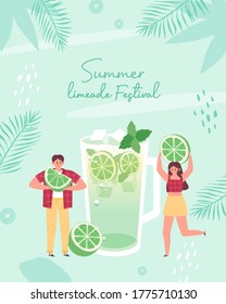 Cool limeade with small people in hot summer. Vector illustration.