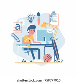 Cool limited colors vector illustration on creative professional at work. Graphic designer working process. Digital artist at his workplace