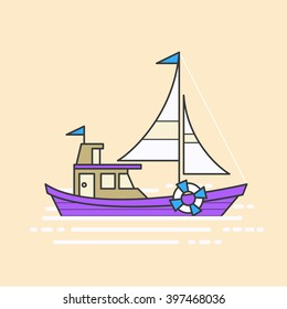 Cool line art flat design boat web icon. Boat decorative graphic design element, side view, isolated