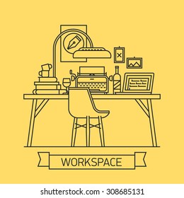 Cool linear copywriter workspace illustration with laptop, typewriter, desktop lamp and bottle of wine in office interior. Thin line web banner template on modern workspace on color background