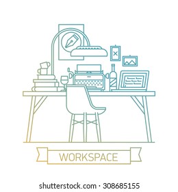 Cool linear copywriter workspace illustration with laptop, typewriter, desktop lamp and bottle of wine in office interior. Thin line web banner template on modern workspace on white background