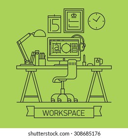 Cool linear designer workspace illustration with desktop computer, calendar, digital artist equipment in office interior. Thin line web banner template on modern workspace on color background
