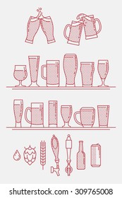 Cool linear halftone artisan craft brewery beer icons. Thin line beer glasses, can, bottle, bar tap, hops, barley and water symbols. Ideal for bar, pub, restaurant menu and craft beer shop branding 