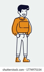 Cool linear illustration on young adult student in trendy outfit, isolated. Adjustable stroke weight