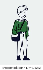 Cool linear illustration on young adult student in trendy outfit, isolated. Adjustable stroke weight