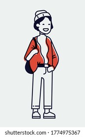 Cool linear illustration on young adult student in trendy outfit, isolated. Adjustable stroke weight