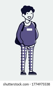 Cool linear illustration on young adult student in trendy outfit, isolated. Adjustable stroke weight
