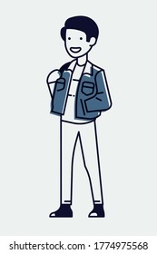 Cool linear illustration on young adult student in trendy outfit, isolated. Adjustable stroke weight