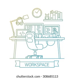 Cool Linear Programmer Or Coder Workspace Visual With Multiple Monitors With Debugging And Coding Software In Office Interior. Thin Line Web Banner Template On Modern Workspace On White Background