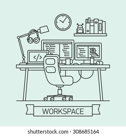 Cool linear programmer or coder workspace visual with multiple monitors with debugging and coding software in office interior. Thin line web banner template on modern workspace on color background